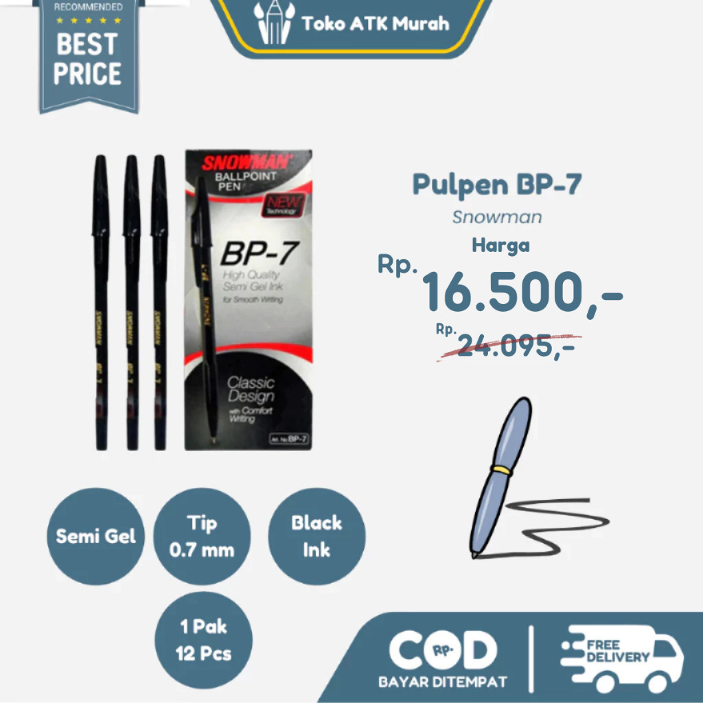 

Pulpen Snowman BP-7 12 Pcs / Ballpoint Hitam 1 Box / Lusin