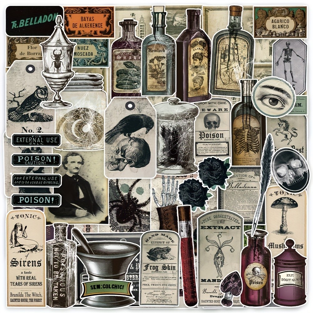 50PCS/Pack Vintage Potion Bottle Labels Stickers Retro Horror Gothic Stickers For Suitcase Scrapbook