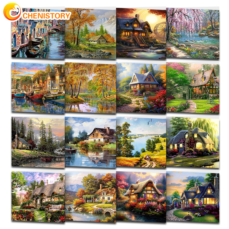 

PhotoCustom DIY Painting By Numbers Landscape House Oil Picture Paint For Adults On Canvas Drawing Coloring By Number Home Decor