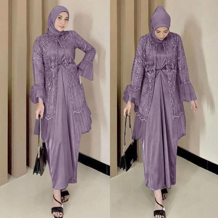 Gamis 2in1 brukat tile size M-XXL jumbo bigsize dress gamis muslimah cardigan Dalaman Maxi Mutiara P
