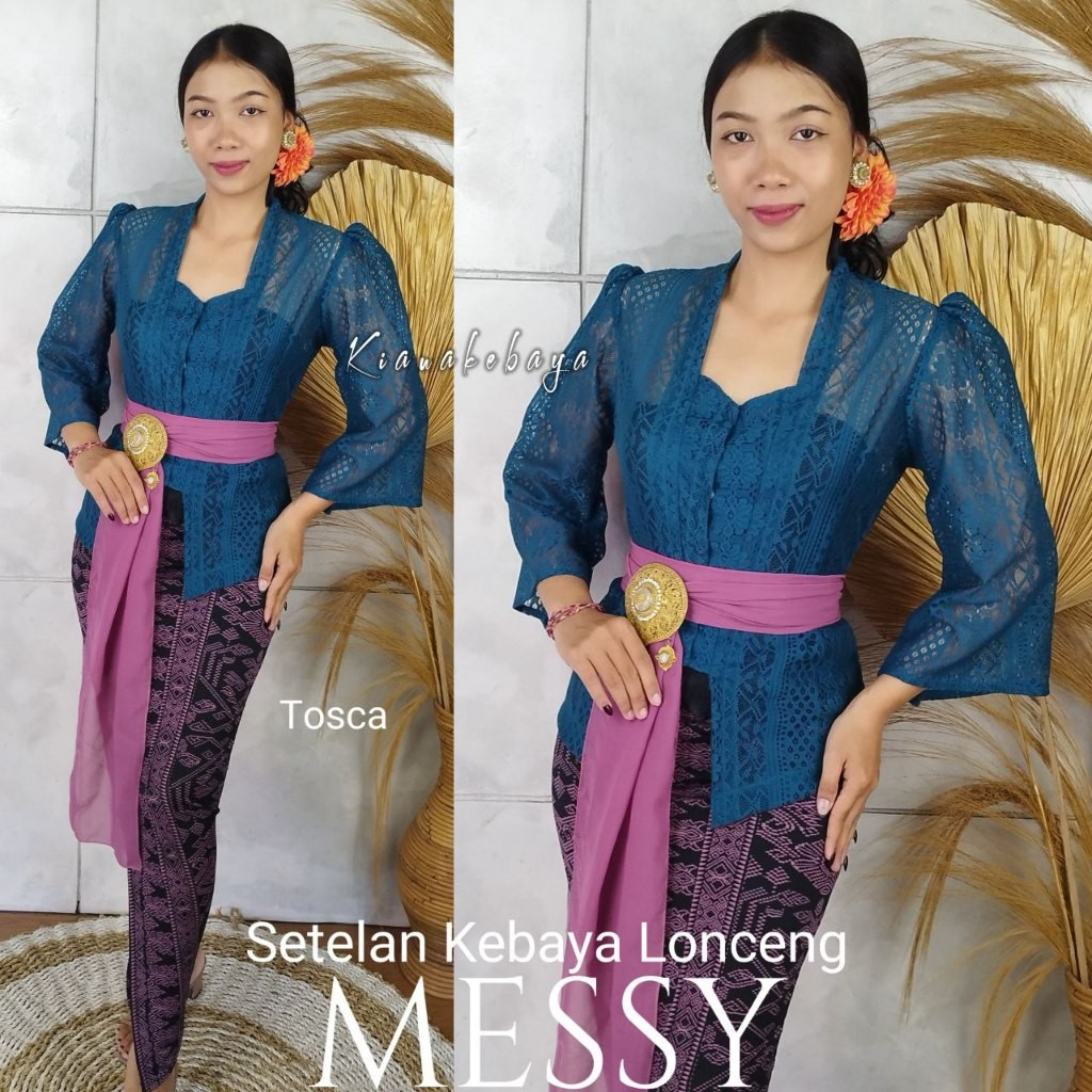 Setelan kebaya bali modern Brokat Messy Lonceng Kancing Kait dan Rok Moscreft selendang panjang bati