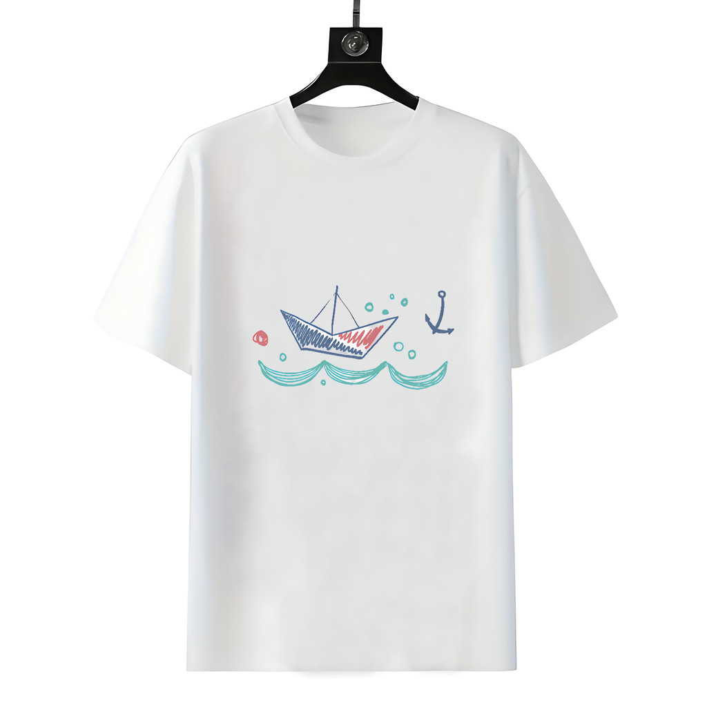 Kaos Pria Sail Away Petualangan Kain Katun Putih - Warna Biru Laut, Polos Crew Neck, Bisa Di Mesin C
