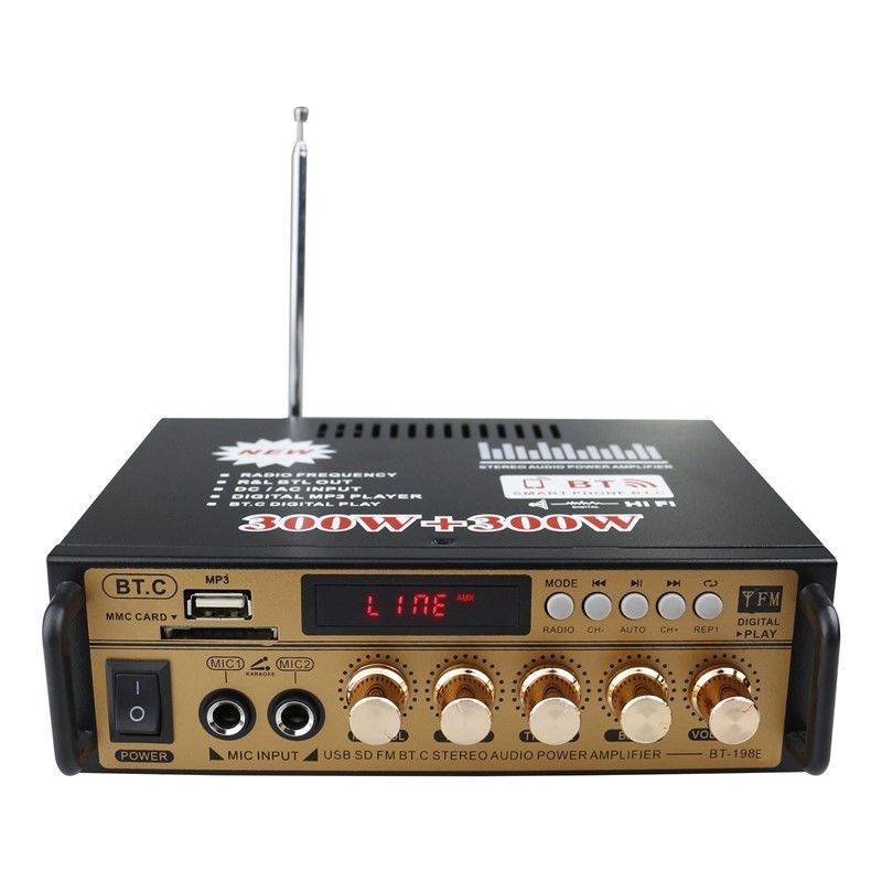 PAKET AMPLI+MIC2 Amplifier Power Ampli Karaoke Bluetooth Echo 300W+300W BT-198E