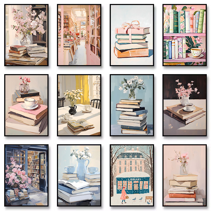 

Retro Trendy 1950s Library Vintage Book Shelf Flower Aesthetic Poster Canvas Painting Wall Art Pictures Home Interior Decor