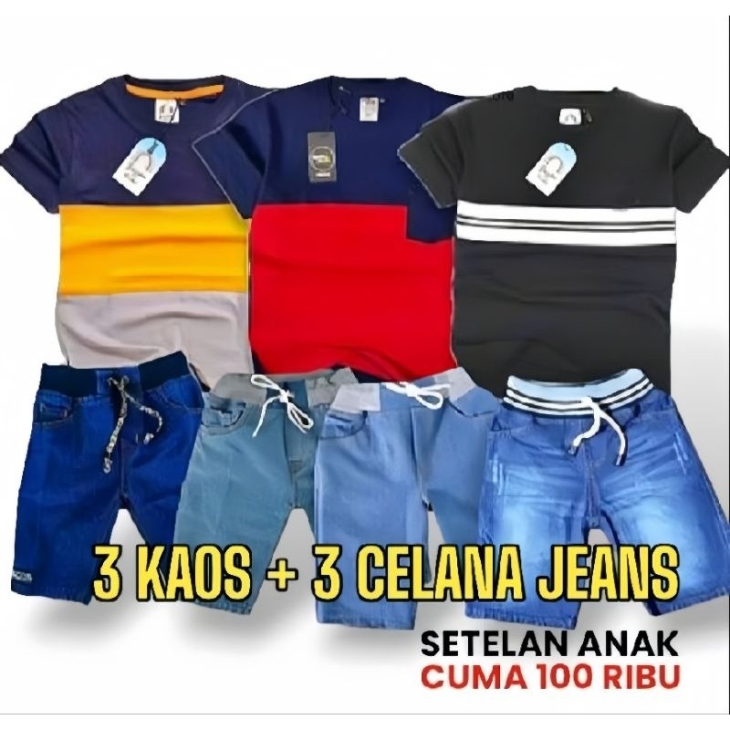 SUPER HEMAT PAKET Setelan Kaos Anak Laki Laki dan Celana pendek Jeans Anak Streed Combatt Distro Usi