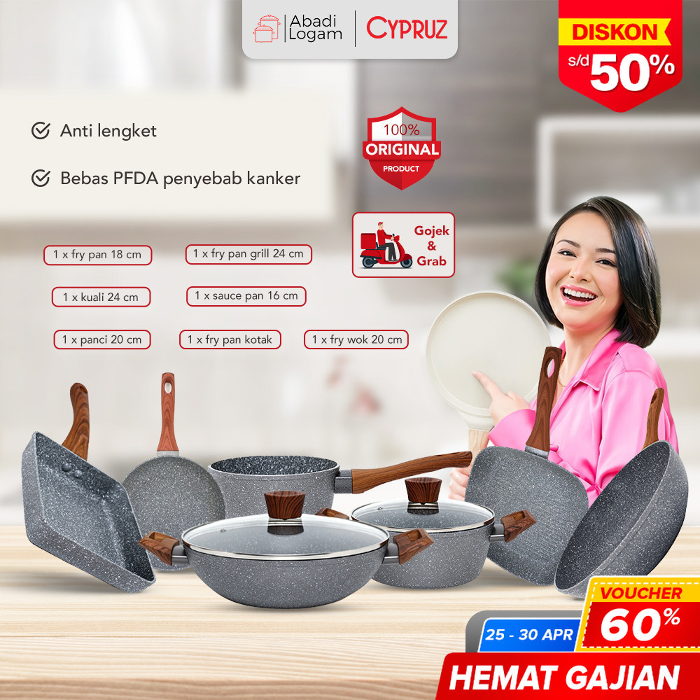 Cypruz Panci Set Paket Super Lengkap III 7 Pcs Granite Marble Pan Wajan Anti Lengket