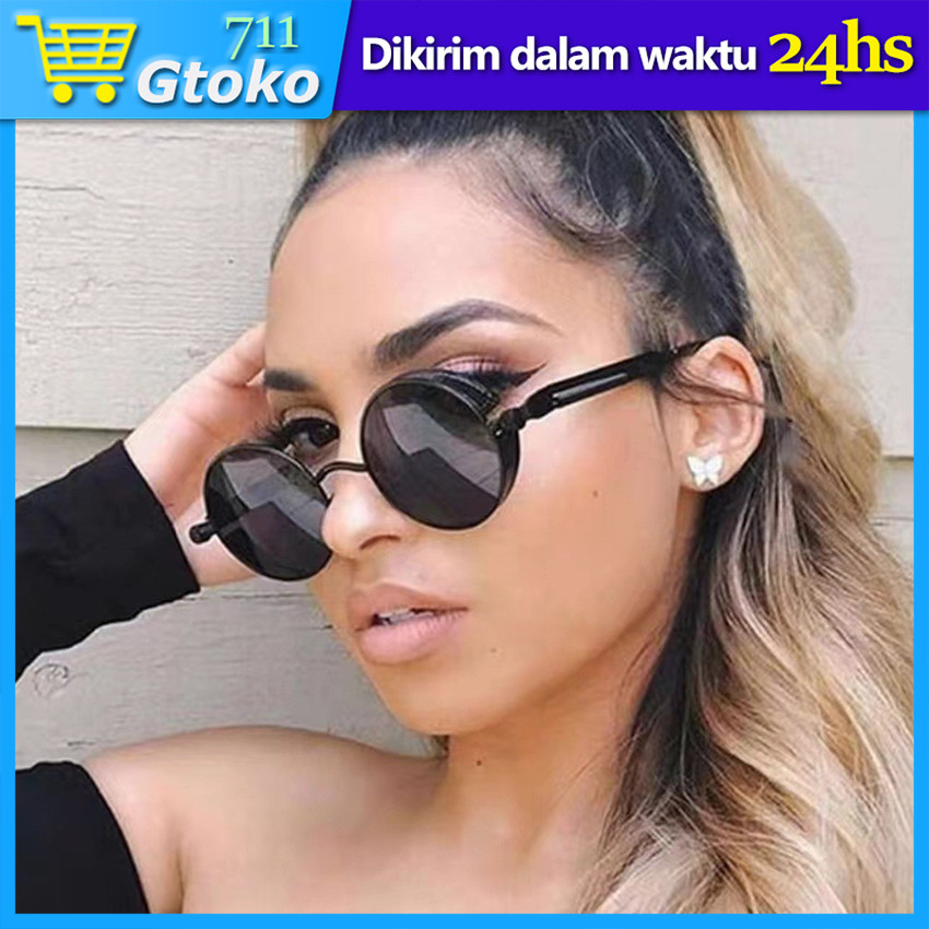 Kacamata Hitam Pria Kacamata Vintage Retro Bulat Sunglasses Steampunk Motor Mobil Travel Pancing
