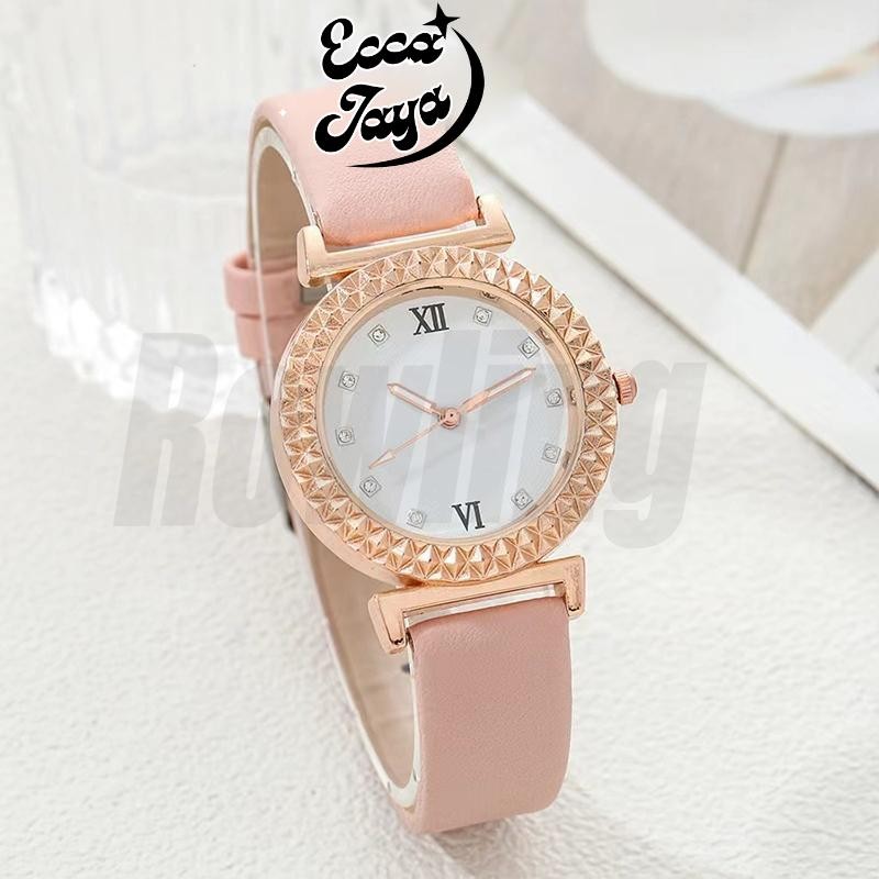 Jam Tangan Wanita Bulat Jam Tangan Wanita Quartz dengan Strap kulit Sintetis Import