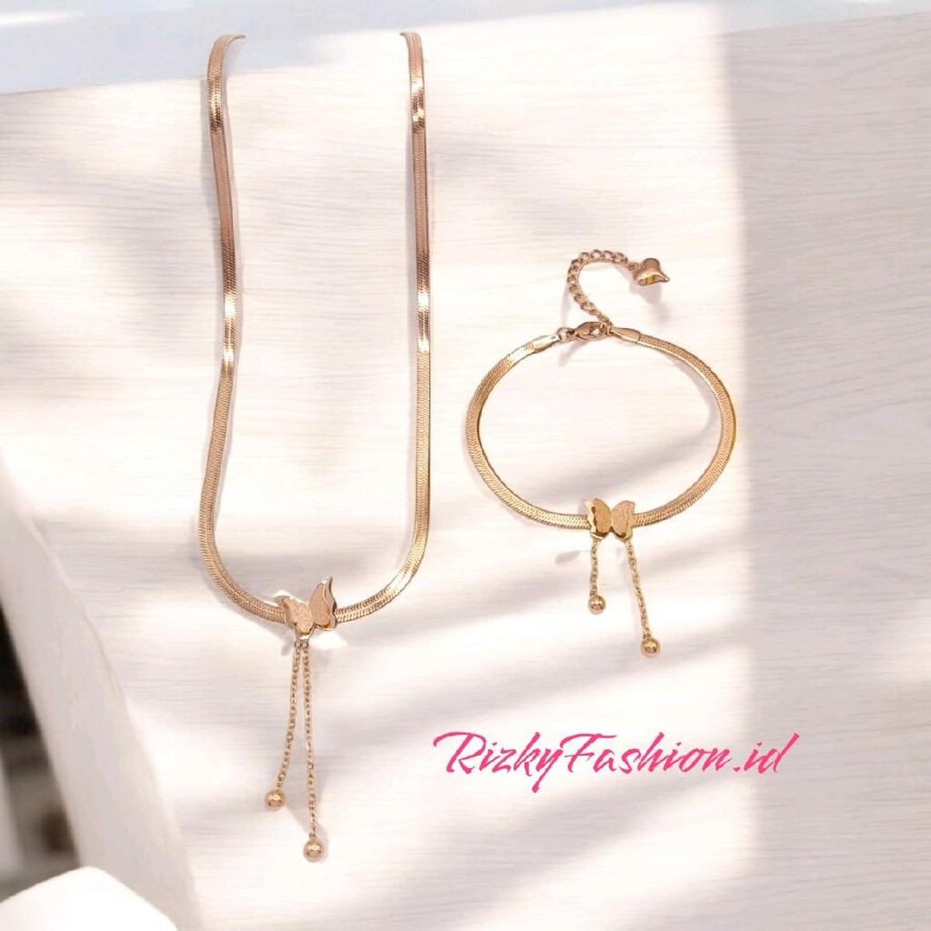 RizkyFashion.id | (1 SET) Perhiasan Kalung + Gelang ASLI TITANIUM 100% Motif Kupu- Kupu Rantai Pipih