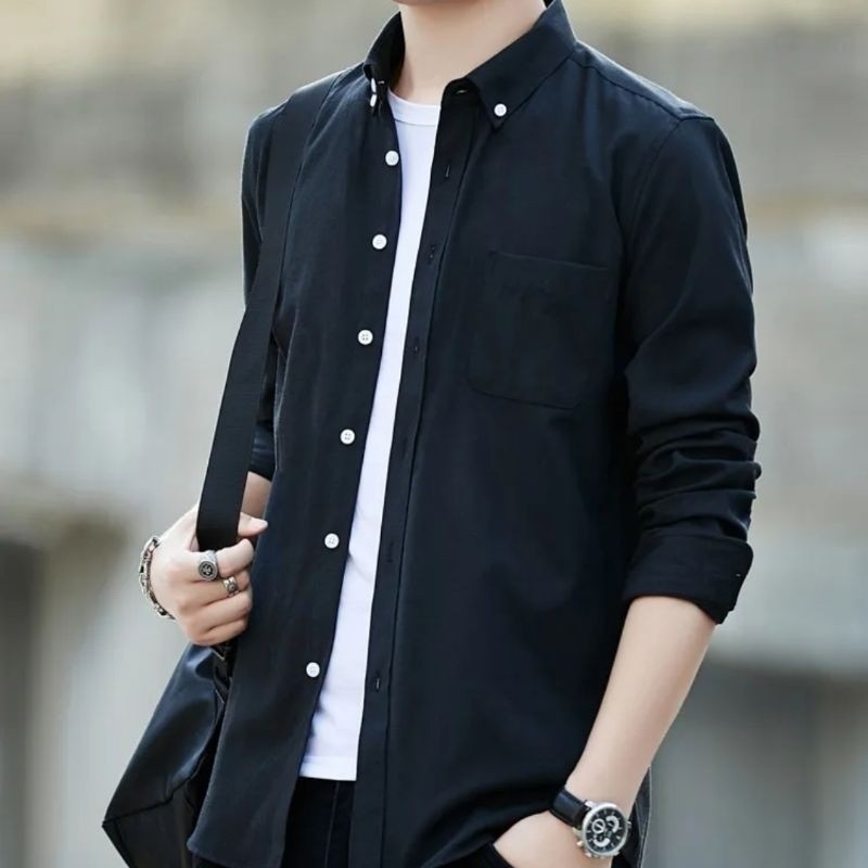 Kemeja Pria Polos Lengan Panjang Hitam Navy Bahan Katun Premium Hem Kantor dan Kasual