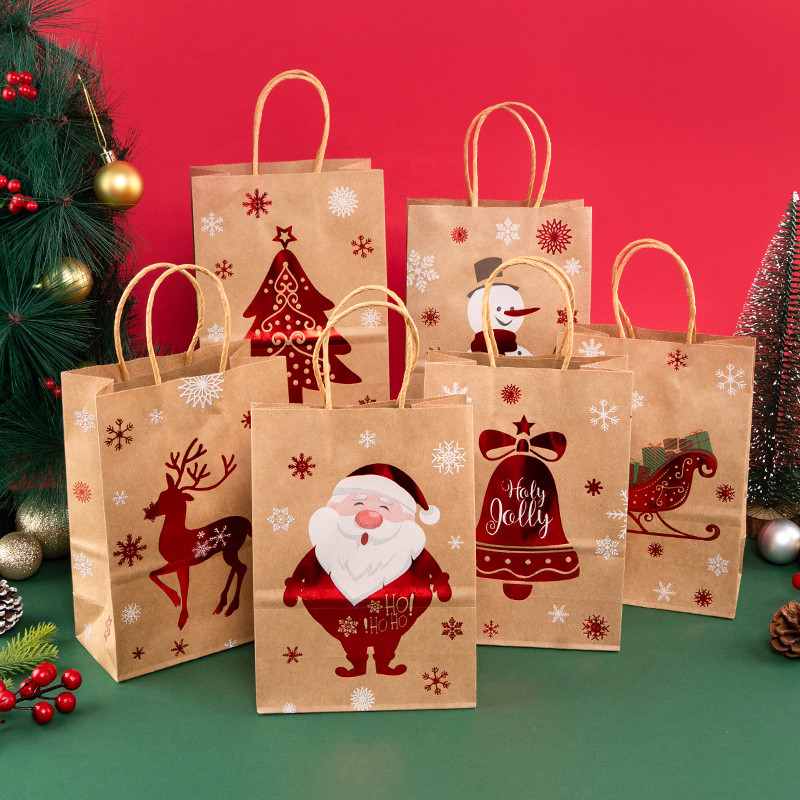 

StoBag, Joyful Christmas Kraft Paper Reusable Bags, Party Decor, packing Presents, Gifts, Candy, reindeer pattern, Snowflake