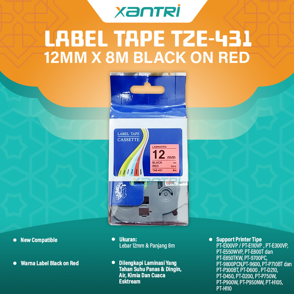 

Xantri - Label Tape Xantri TZE 431 12mm x 8m TZe-241 Black On Red PT-P300 D210 P900W