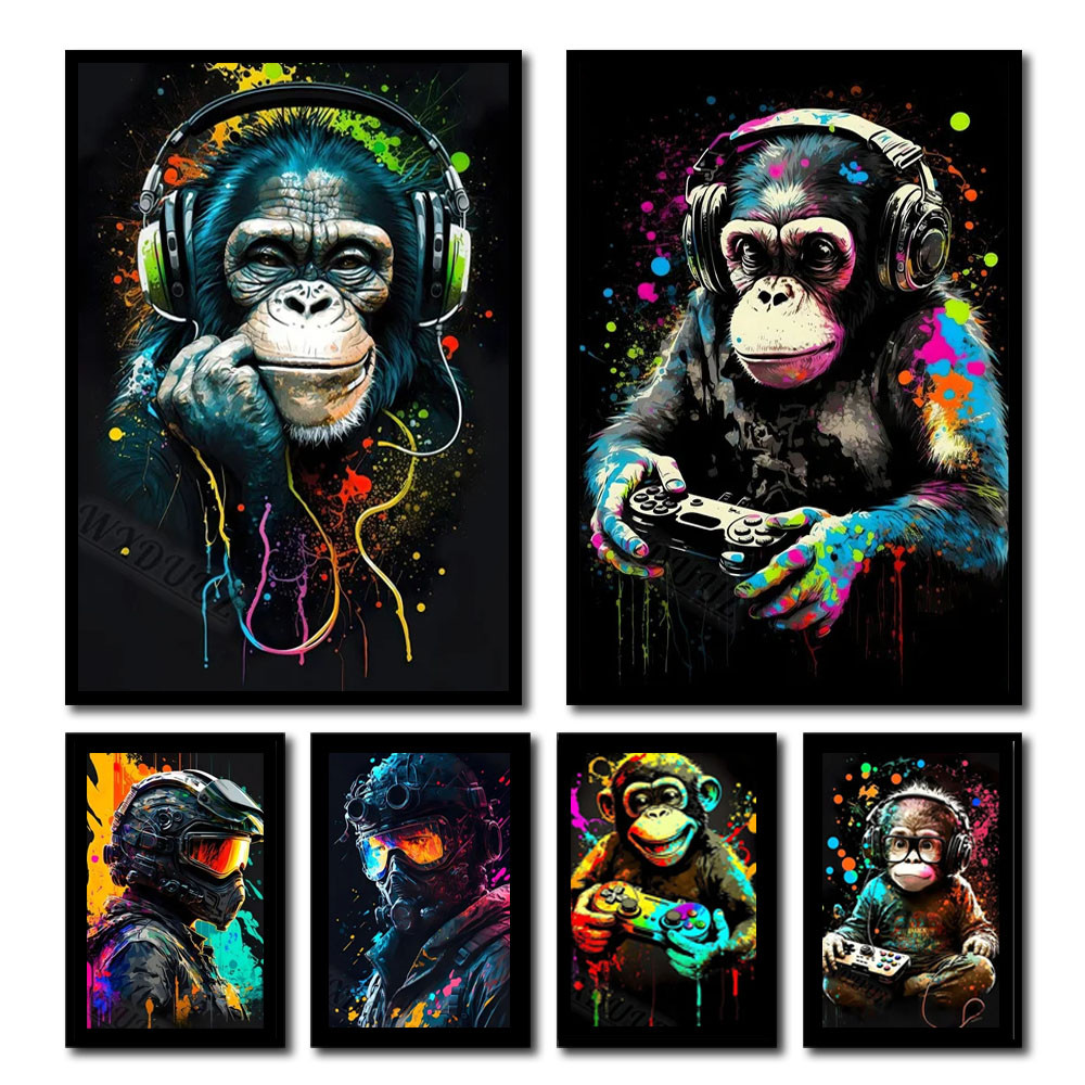

80s Retro Funny Monkey Player Gamepad Picture For Gaming Room Living Canvas Painting Print Wall Art Home Decor Aesthetics Poster