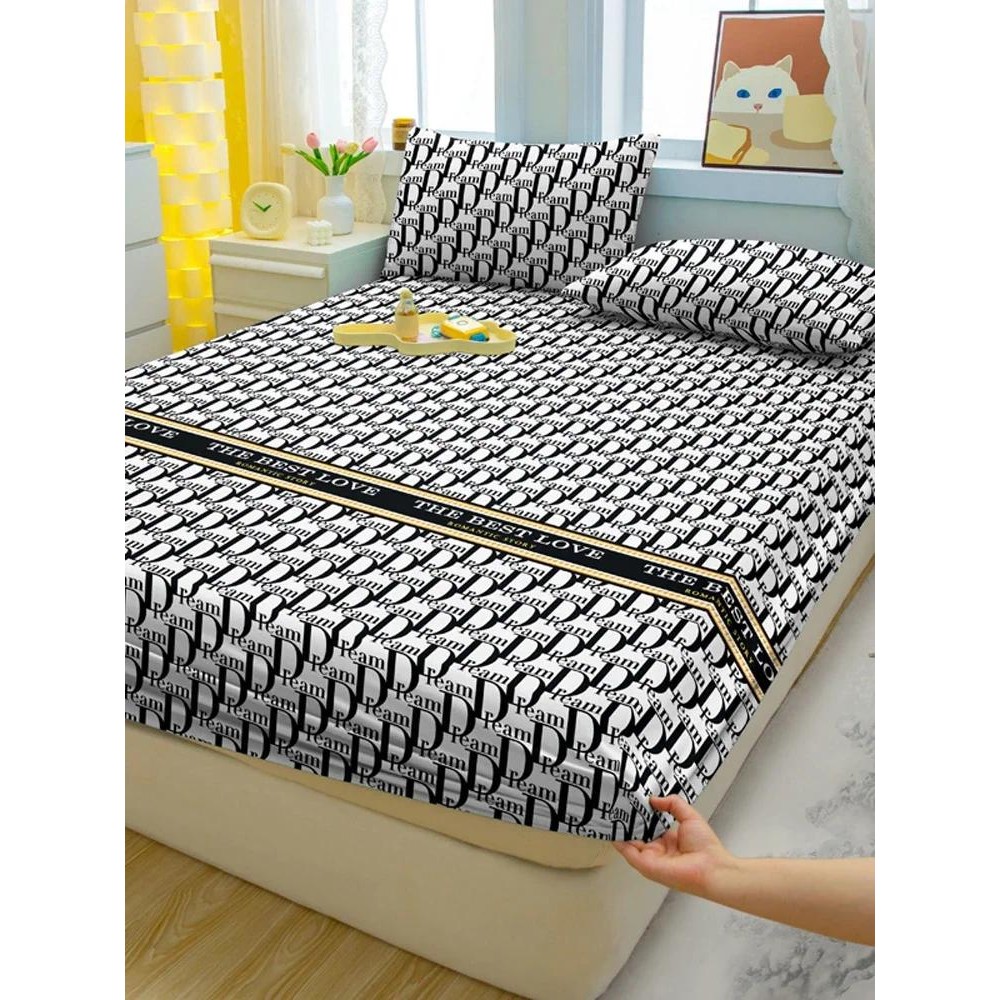 

1 Simple Modern Letter Printed Matte Fitted Sheet, Bedroom Printed Bed Cover, Bedding (Excluding Pillowcases)
