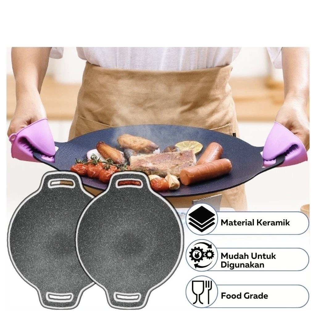 Panggangan BBQ Bulat Korean Grill Pan Plate / Wajan Kuali Panci Teflon Konduksi Daging Steak Beef Ik