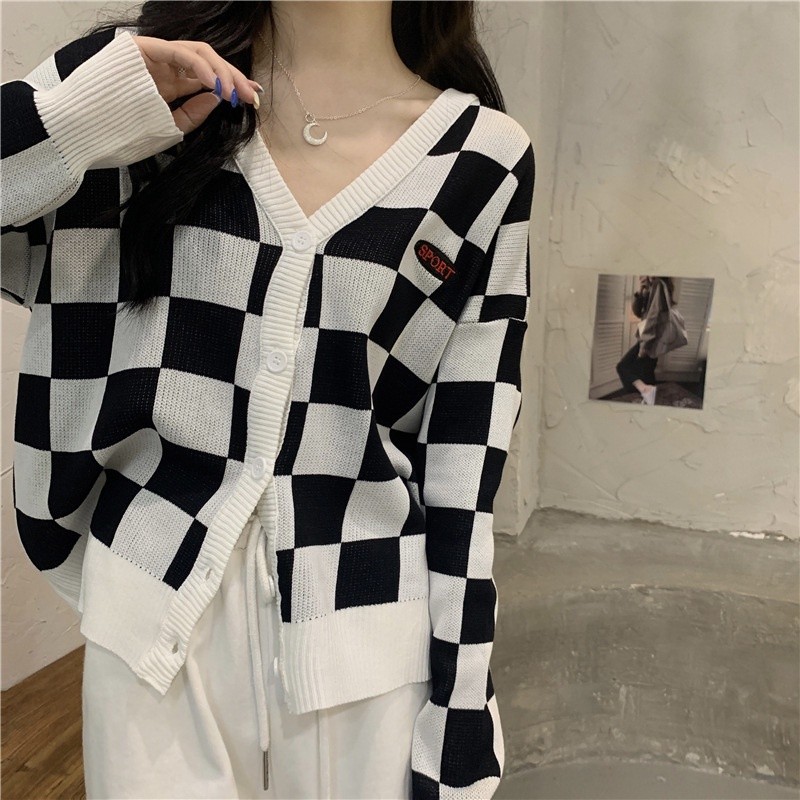 Yikoo-Cardigan Kotak-Kotak Kardigan Rajut Lengan Panjang Coat Wanita