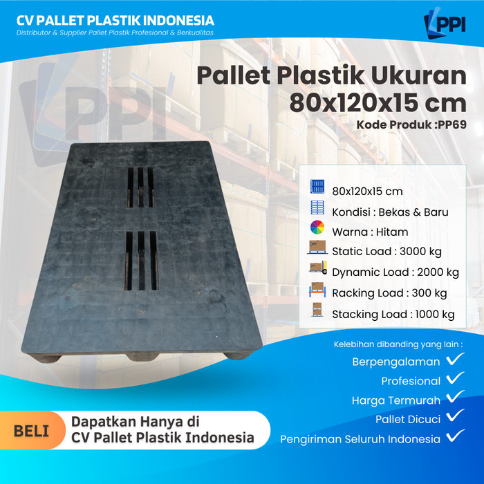 

Pallet Plastik Bekas/Baru Ukuran 80x120x15 cm – PP69 / Pallet Plastik Hitam/ Pallet Plastik Flat
