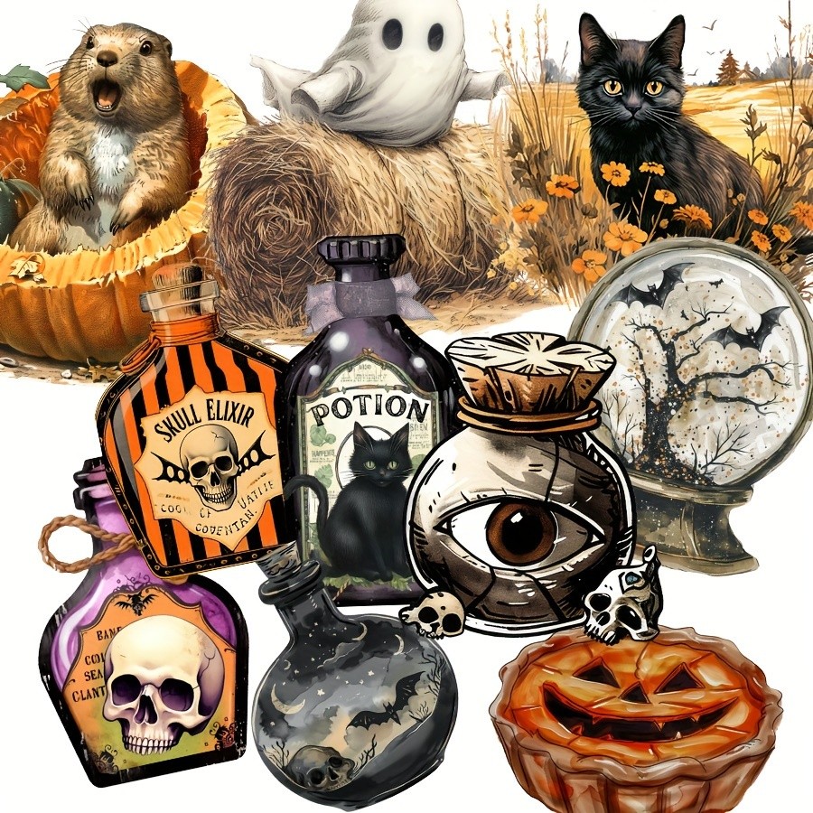 

JAIIMAN99pcs Holloween Fall Stickers with Farm Goast, Skull Jar, Potion Jar, Plant and Flower patterns, Suitble forJunk journal