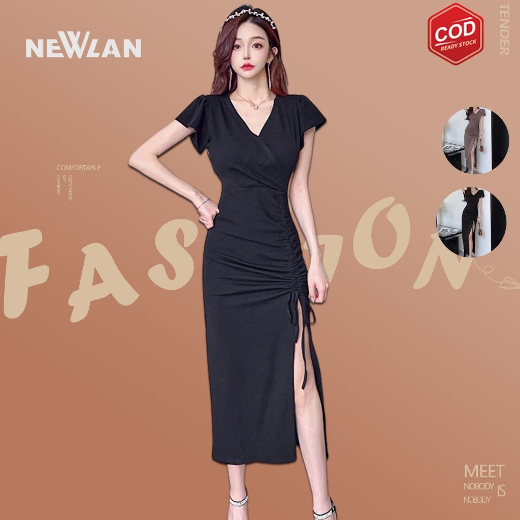 Newlan QZ074 Longdress Rib Serut Korean Long dress/terusan panjang/Dress Bodycon Maxi Dress Korea Dr