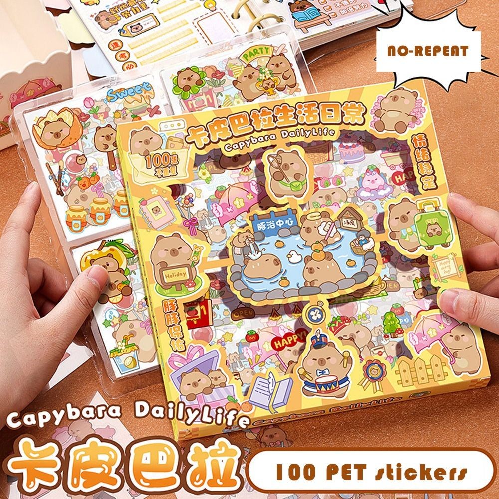 

100 Sheets Trendy Non-Repeating Capybara Animal Stickers Waterproof 2024 Kids Sticker Cartoon Cute Suitcase Decal Children