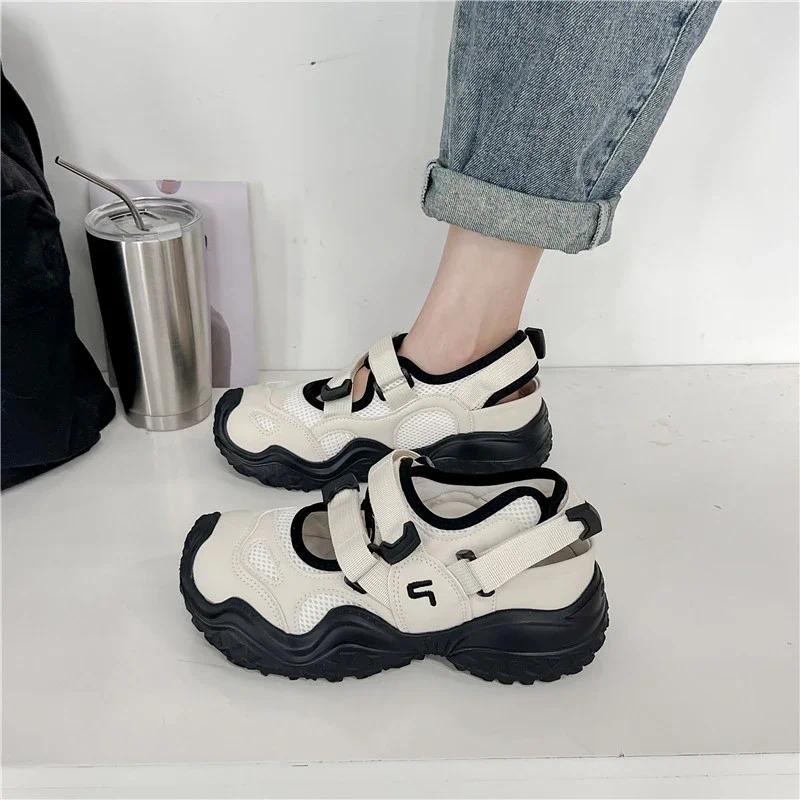 2025 Summer New Mary Jane Retro Ugly Women's Shoes Mesh Cloth Tire Thick Bottom Hollow Sports Sandal