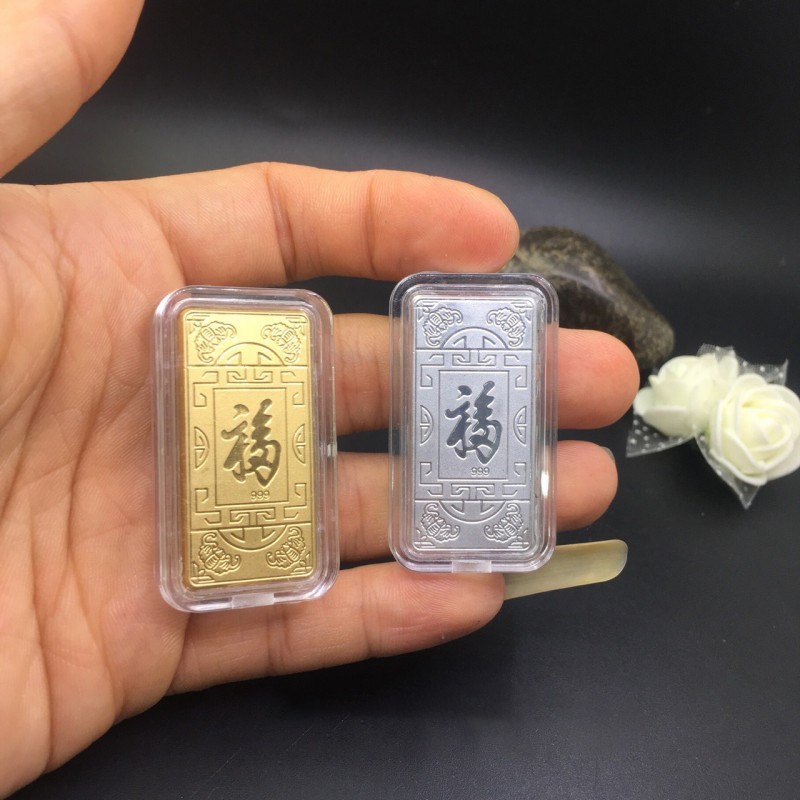 Koin Emas Souvenir Persegi 5Pcs Koin Emas Keberuntungan Emas Batang Palsu Amulet Kekayaan Emas