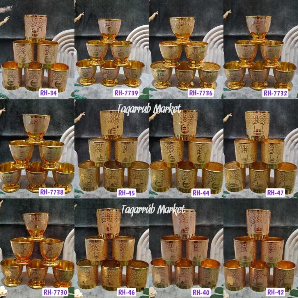 Gelas Air Zamzam Gold Kaca Set 6 pcs - Gelas Cucing Air Zamzam Cucing Gold Gelas Gold Cangkir Gold
