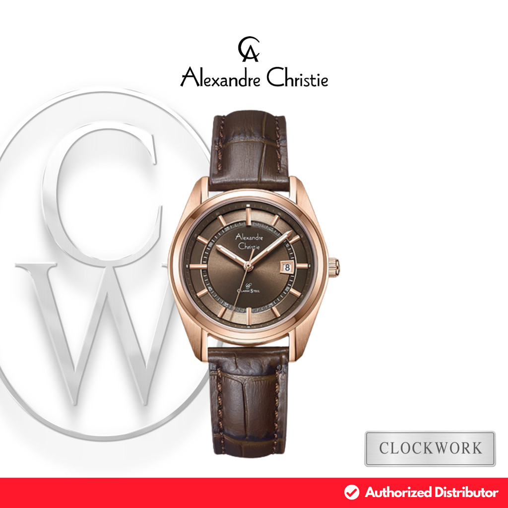 Jam Tangan Wanita Alexandre Christie Classic Steel AC 8695 LDLRGBO Kulit Minimalis Coklat Rosegold