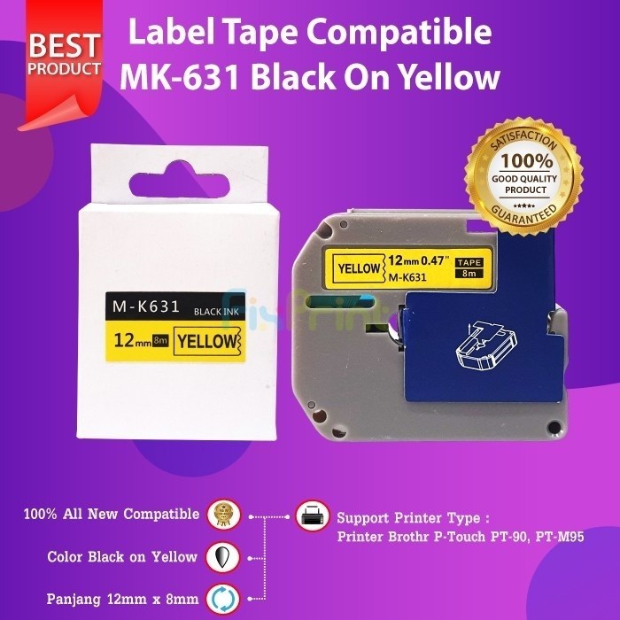 

LABEL BROTHER CARTRIDGE PITA TAPE LABEL PTOUCH BROTHER PT-M95 PTM95 PTM 95 MK631 M-K631 BLACK ON YELLOW