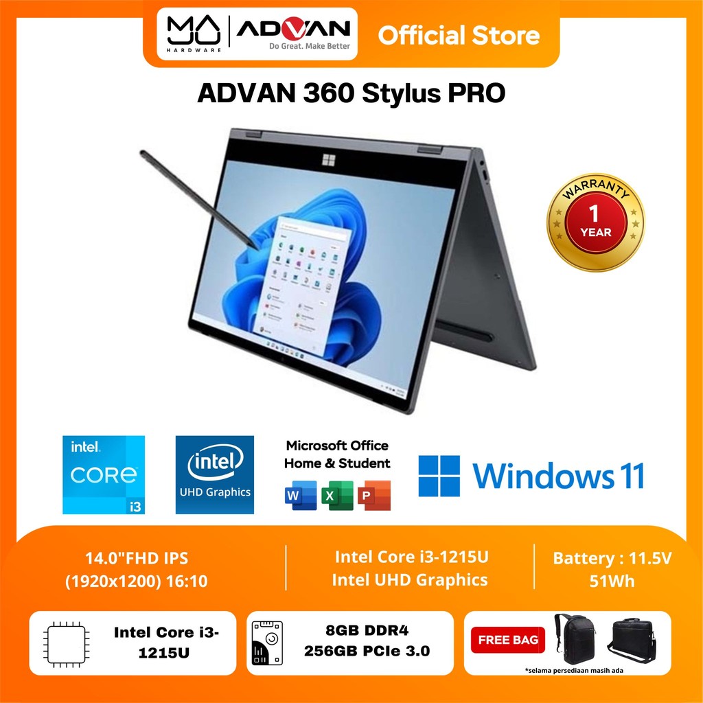 Laptop ADVAN 360 Stylus PRO Intel Core i3-1215U 14”IPS FHD Touchscreen
