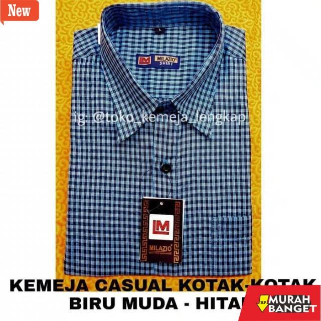 kemeja kotak kotak cowok Kemeja HEM - Kemeja kasual motif kotak-kotak warna biru muda-hitam LENGAN P