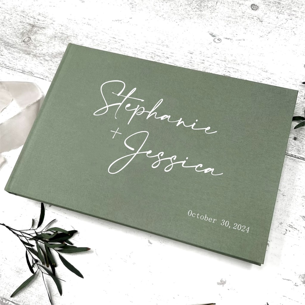 

Personalized Wedding Guest Book Custom Photo Albums Custom Name Sign Book Couples Hardback Keepsake Book Green Linen Book