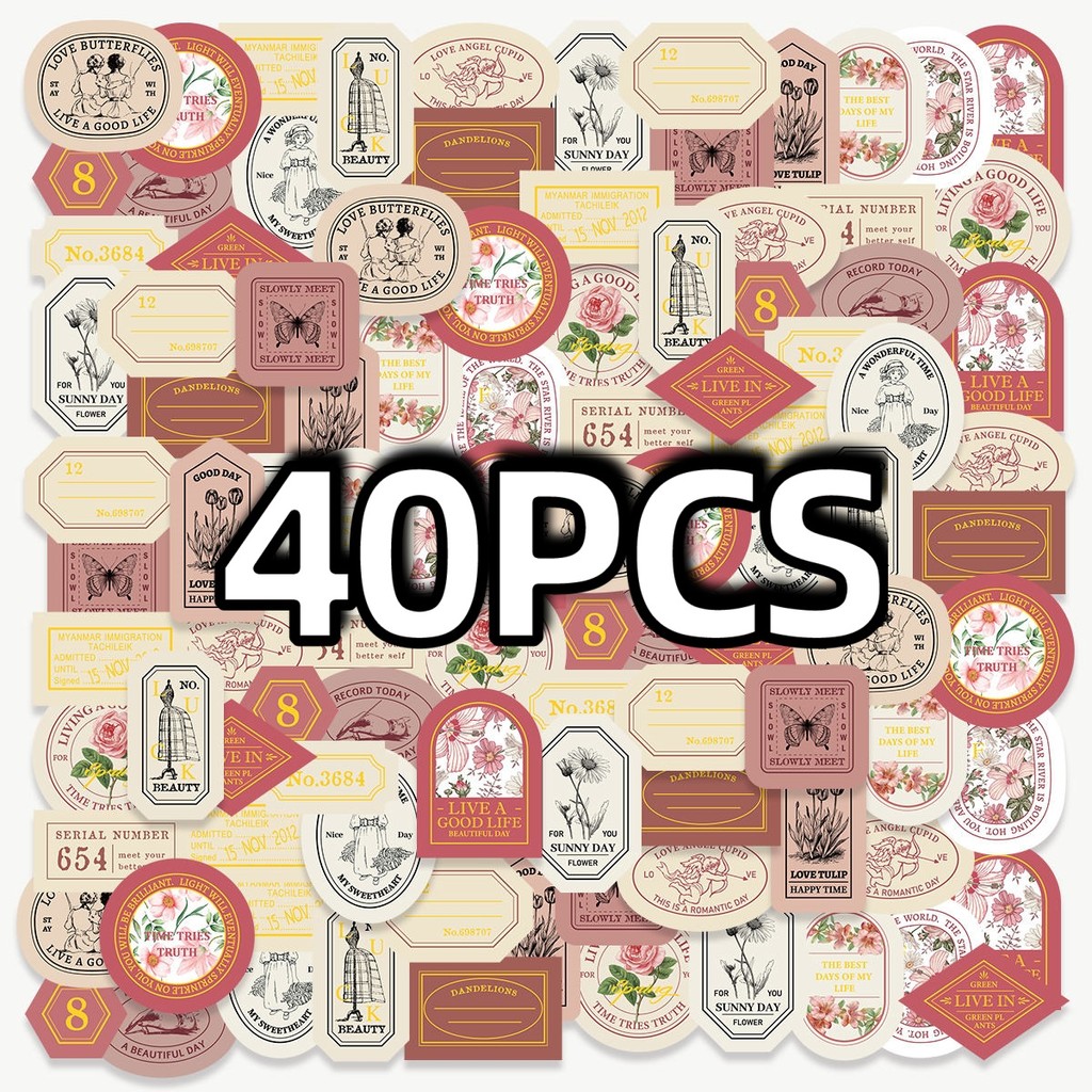 

40pcs Vintage Label Sticker, Irregular Pink Brown Element, For Album,Diaries,Laptop,Phone,Scrapbook