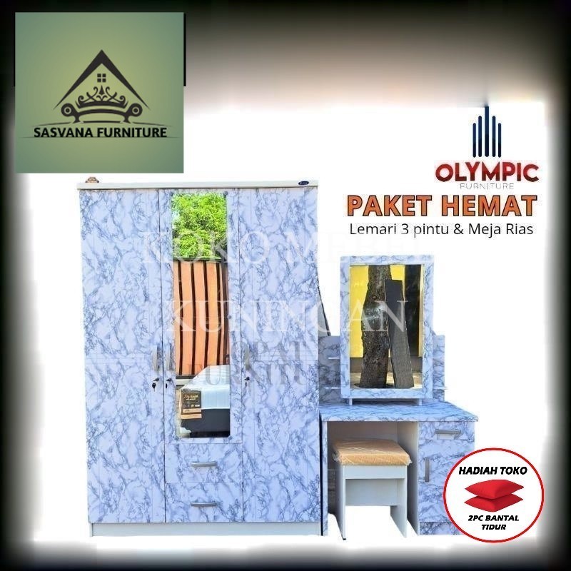 (FREE BANTAL TIDUR) Set Lemari 3 Pintu dan Meja Rias Kaca Sliding - Lemari  dan Meja Rias Murah - Sa