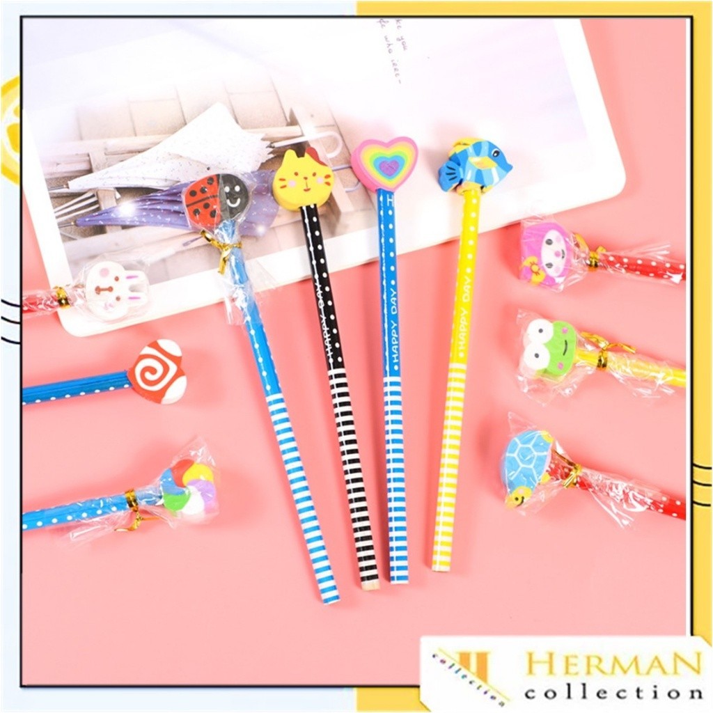 

HC Pensil Karakter Kartun Lucu Motif Garis Polkadot Pensil Karakter + Penghapus Pensil Lucu Ada Penghapus 3D Pensil Fancy Unik Pensil Warna-Warni Untuk Souvenir Alat Tulis Sekolah TK SD Cartoon Pencil With Eraser