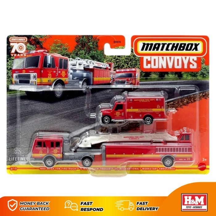 Matchbox Convoys Mega Ton Firetruck & MBX Truck Trailer & International Workstar Ambulane