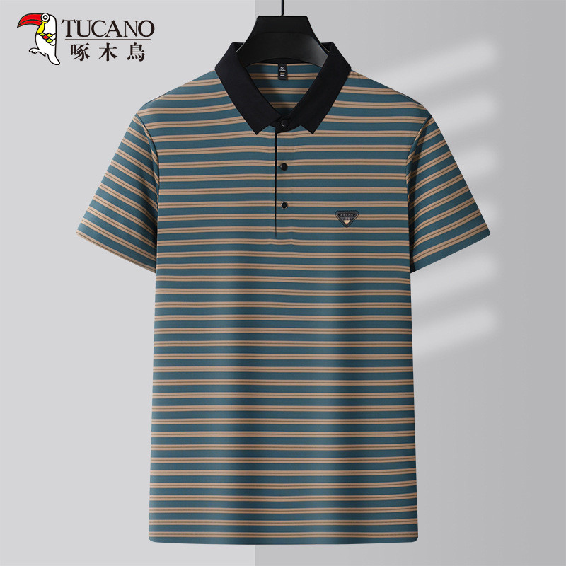 Woodpecker Kaus Polo Kerah untuk Pria Kemeja Kelas Atas Lengan Pendek Motif Bergaris Baru Musim Pana