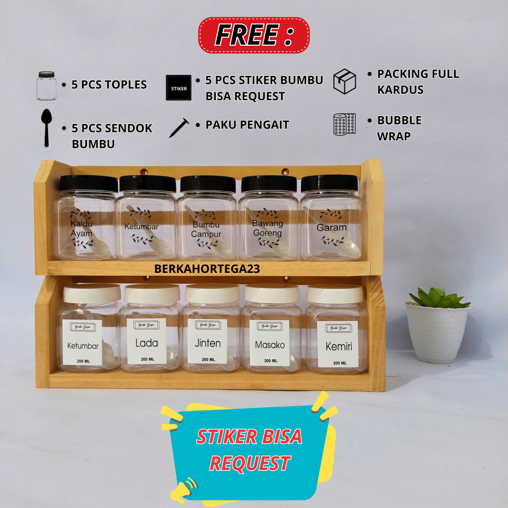 Rak Gantung Tempat Bumbu Dapur Kayu Komplit Dengan 5 Toples, 5 Sendok Dan 5 Stiker