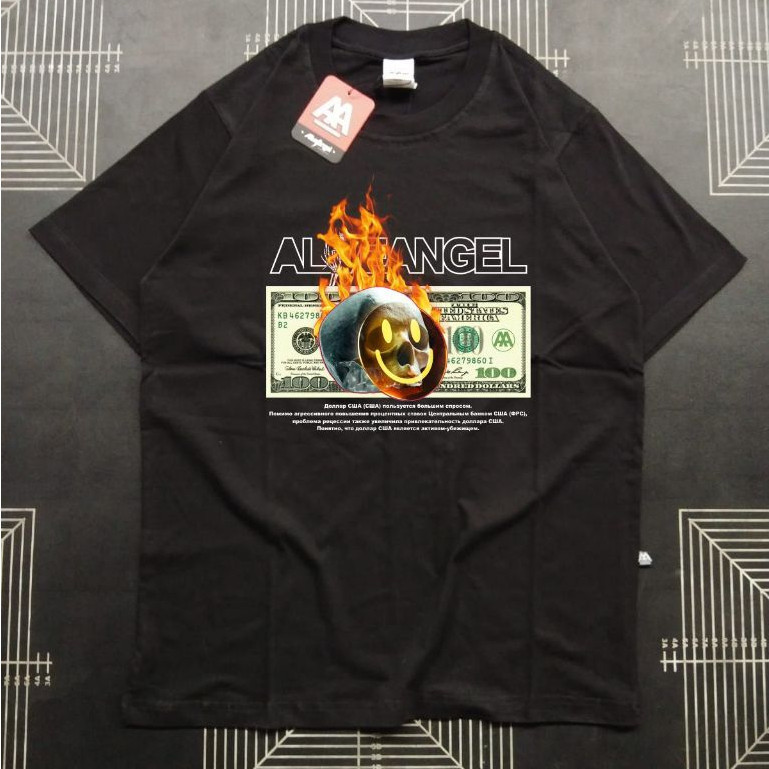 T-shirt Streetwear Dollar Skull Fire Pria & Wanita Unisex / Kaos Distro Pria Black Tee Bootleg / Kao