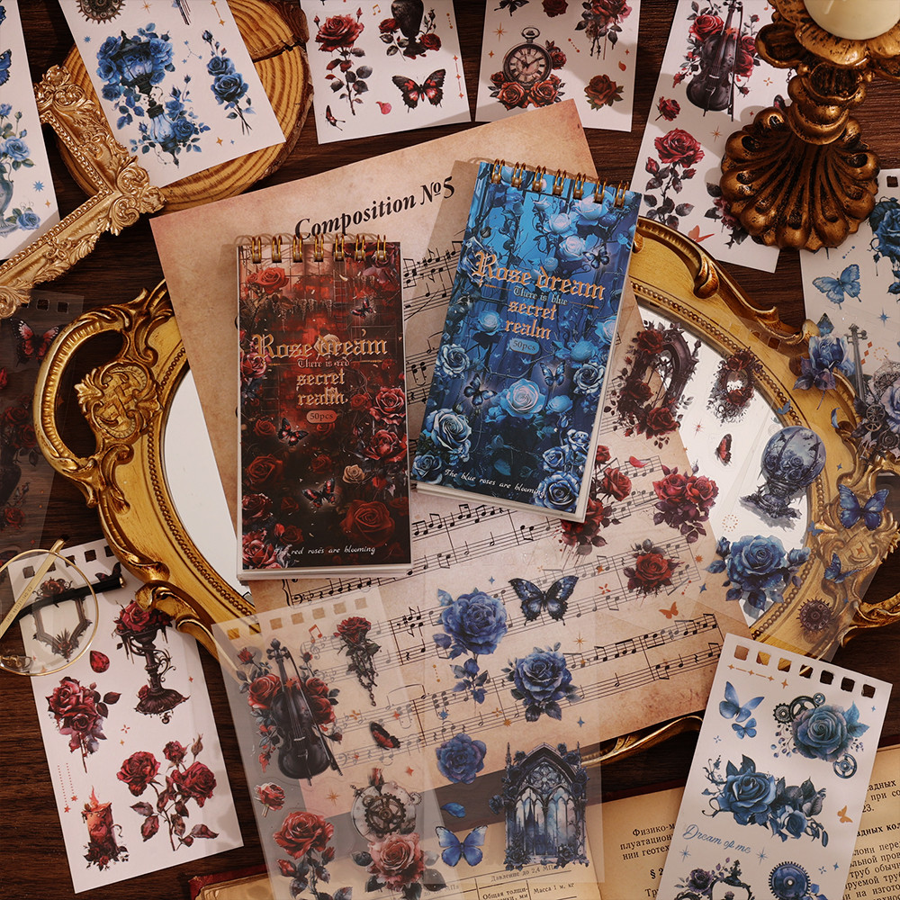 50 sheets Vintage Rose Butterfly Scrapbooking Coil Sticker Book PET And Washi Material Aesthetic Sti