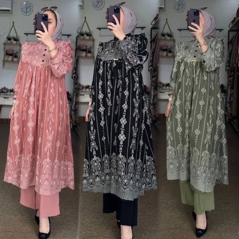 ONE SET TUNIK BUNGA LONG TUNIK KEKINIAN STYLE WANITA HIJAB FASHION WANITA KEKINIAN SET CELANA TERLAR