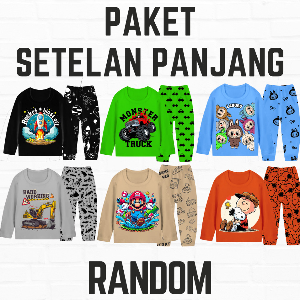 AMAISHOP Paket Usaha Piyama Baju Setelan Anak Laki Lengan Celana Panjang Karakter Cowok Kartun Usia 