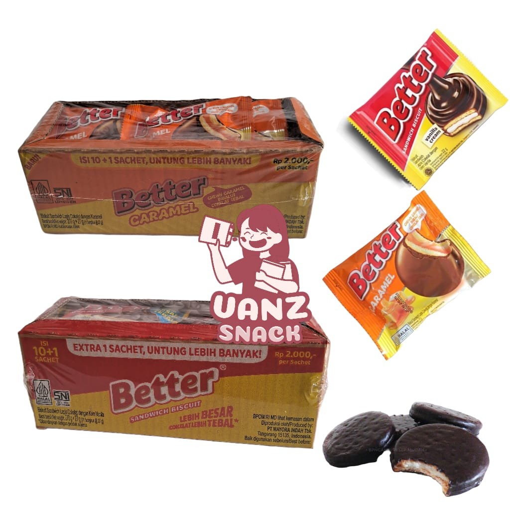 

Better Sandwich Biscuit lapis cokelat dengan krim Vanila dan Karamel kemasan Renceng isi 10pcs x 22g