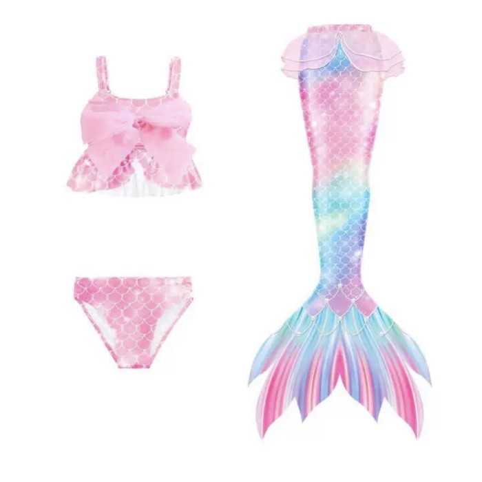 ✨LARIS✨ -baju 3 in 1 mermaid swimsuit/ baju renang mermaid/ kostum mermaid - Rainbow, 130