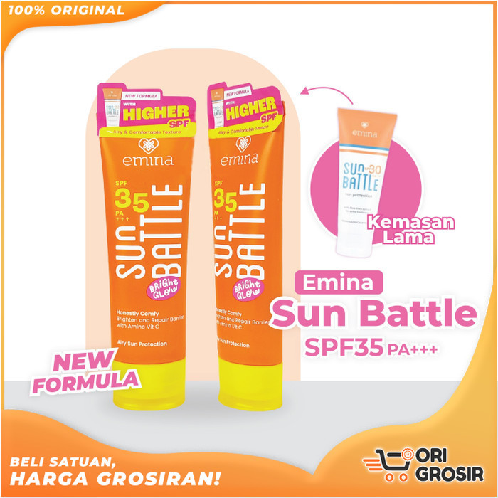 ORI Grosir Emina Sun Battle Bright Glow SPF 35 PA+++ - Sunscreen Serum Sun Battle | Sunscreen Wajah
