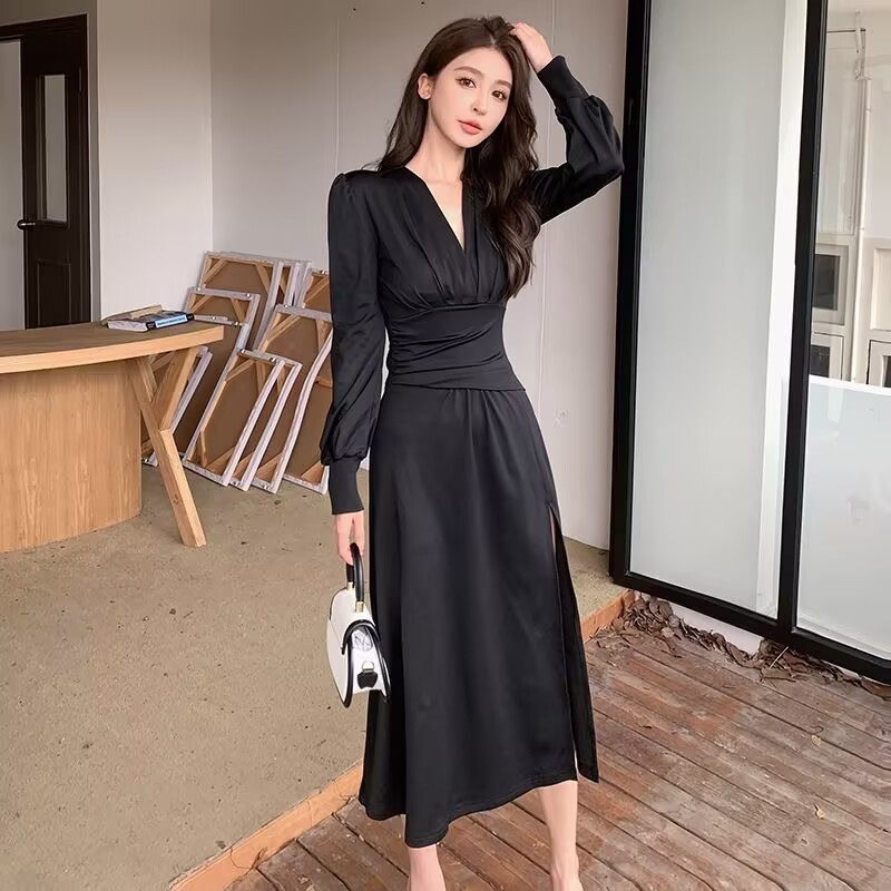 Dress lengan panjang dress model v-neck hitam model korea untuk wanita