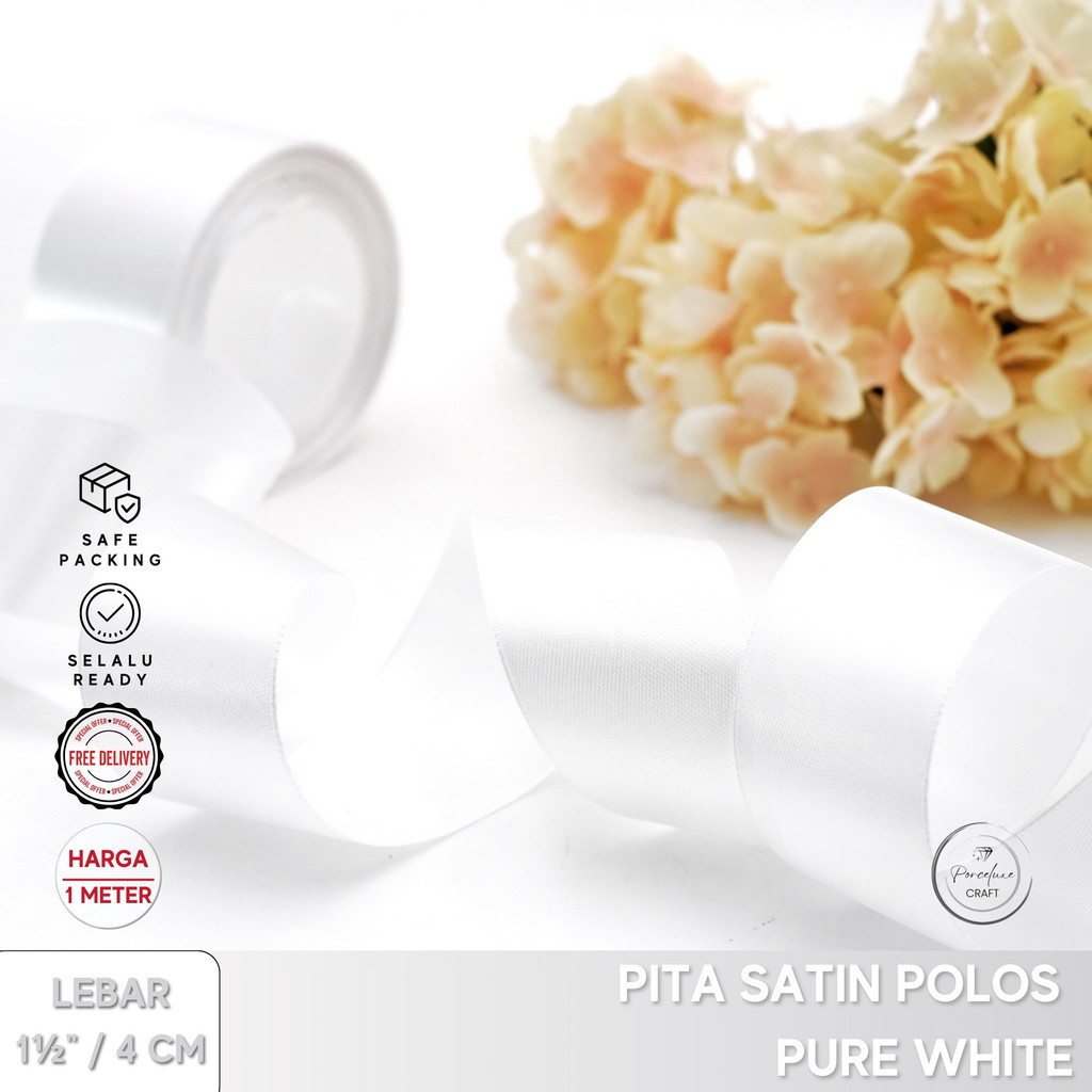 

Pita Ribbon Satin Hiasan Dekorasi Kado Hampers Polos Putih 4 cm / 1,5 inchi Harga per Meter