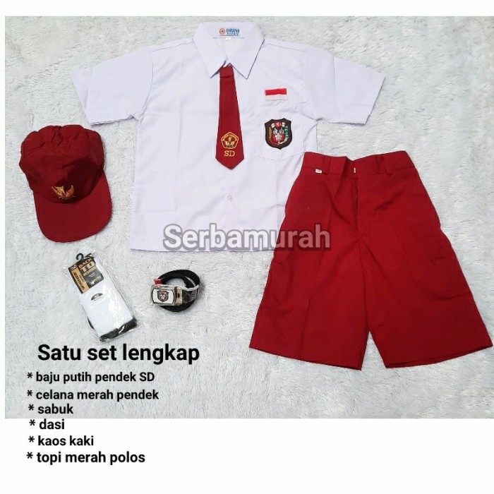 

setelan seragam sekolah sd set lengkap baju pendek celana pendek - 6 tahun