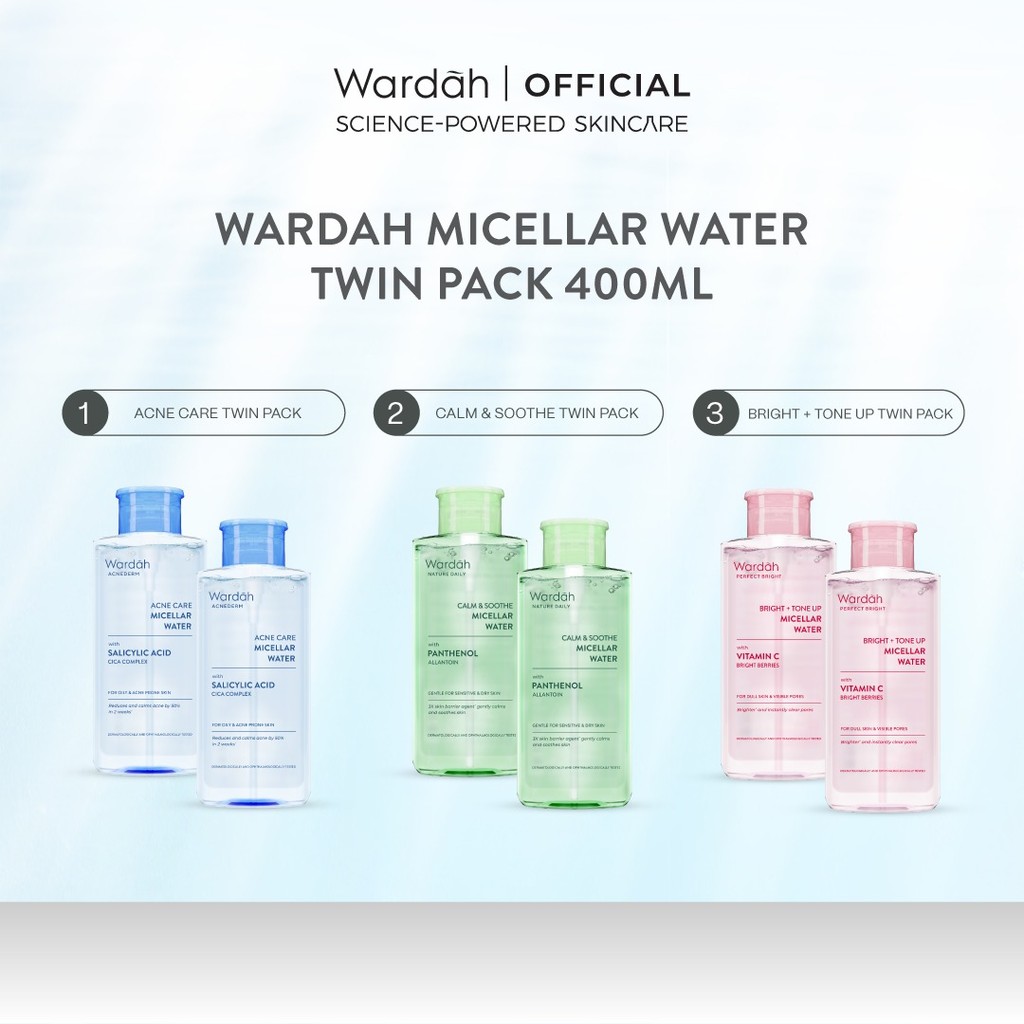 TWINPACK WARDAH Micellar Water 400 ml (Perfect Bright, Nature Daily, Lightening Oil, Acnederm) - Pem