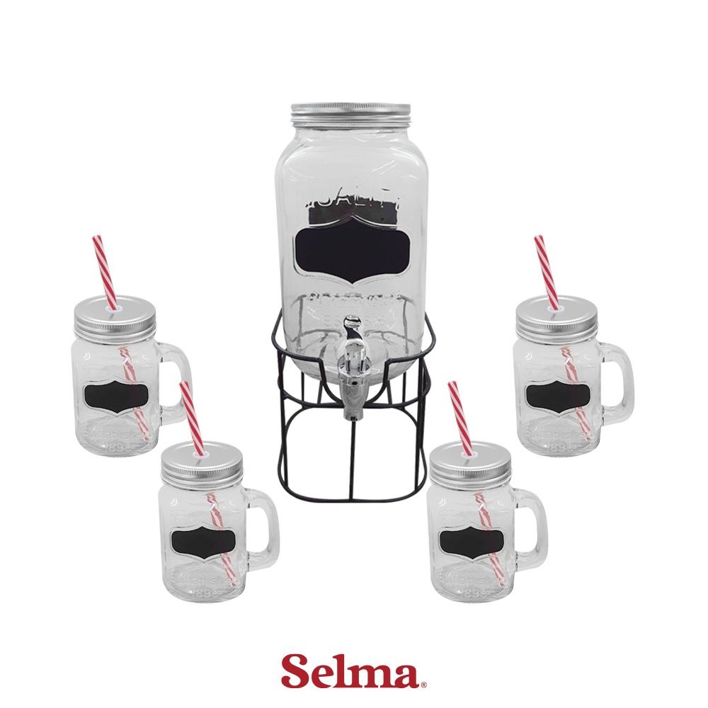 Selma Selma Set 5 Pcs Metta Dispenser Minuman & Gelas Wadah Saji Minuman Acara Tempat Sirup Besar Di